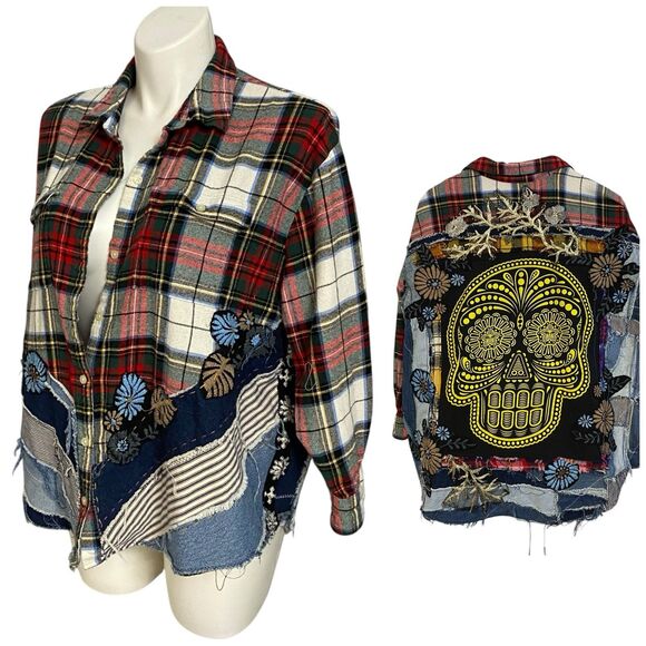 Flannel Shirt Womens 2XL Sugar Skull Shacket Upcycled Grunge Maximalist Rock - Picture 7 of 16